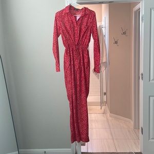 Red Kittenish Jumpsuit w/white little floral details